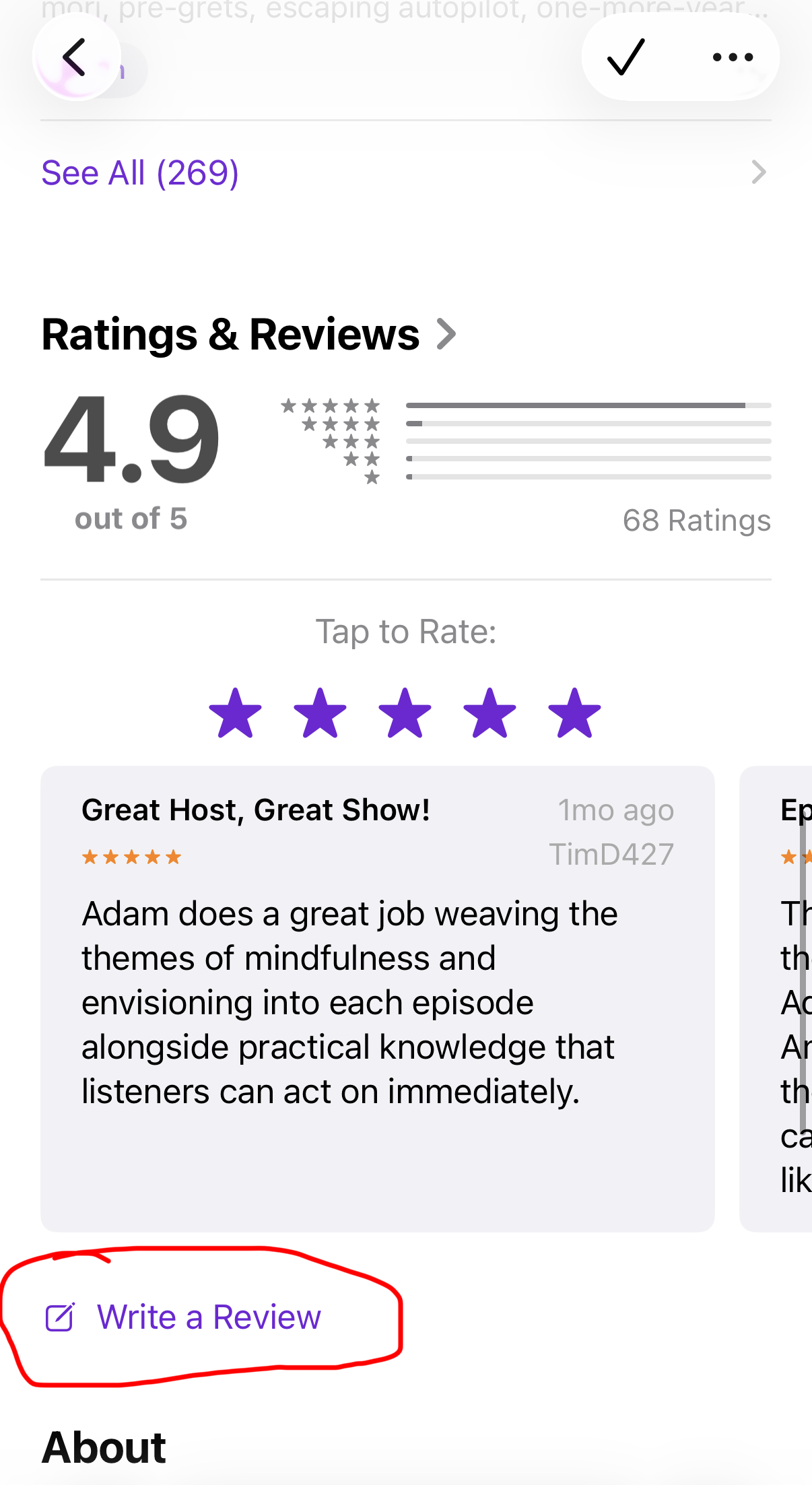 Ratings and Reviews in the iPhone app, with five rating stars and Write a Review circled in red