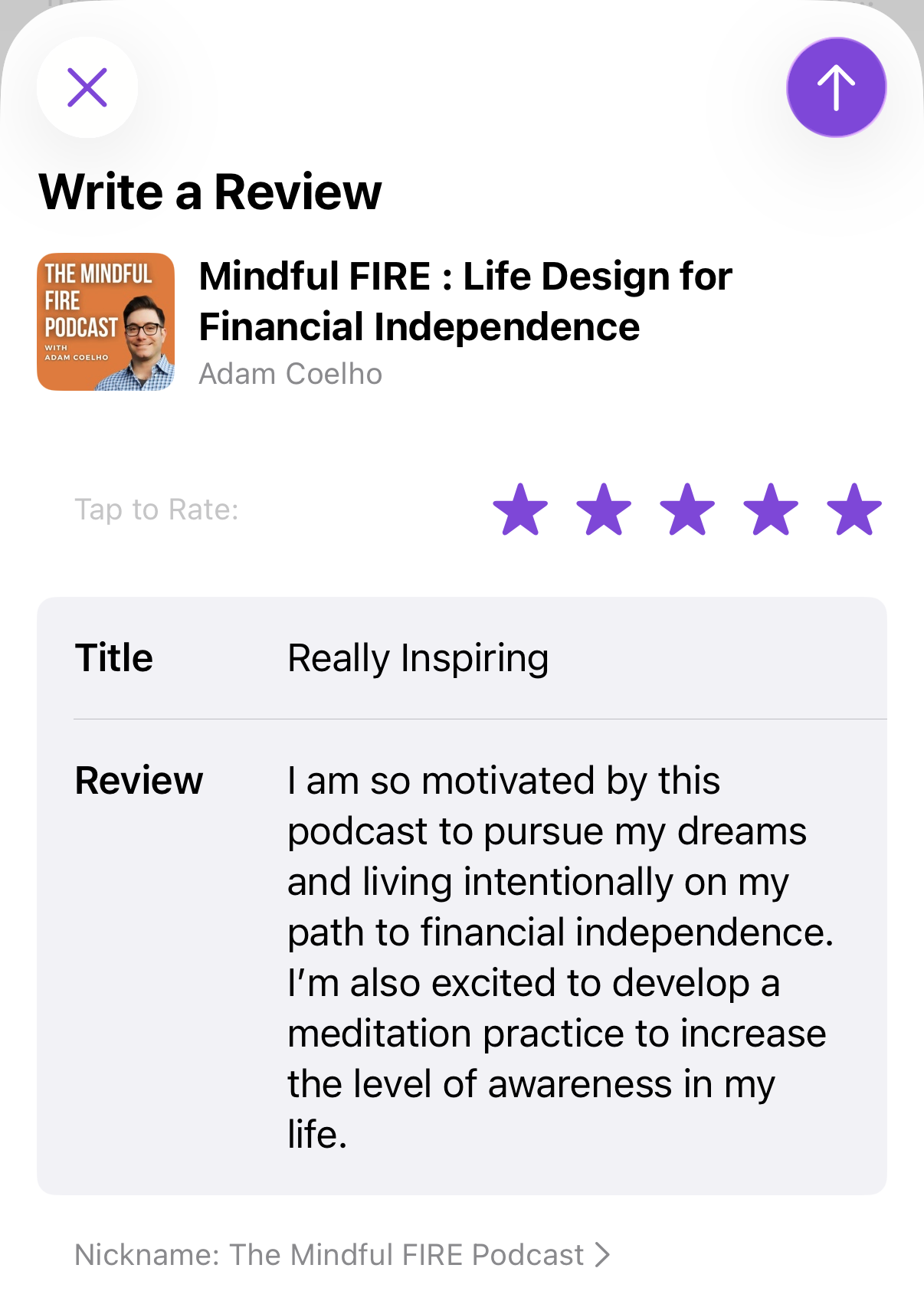 Apple Podcasts iPhone Write a Review form showing five stars, a title, review text, and the purple up-arrow submit button at the top right