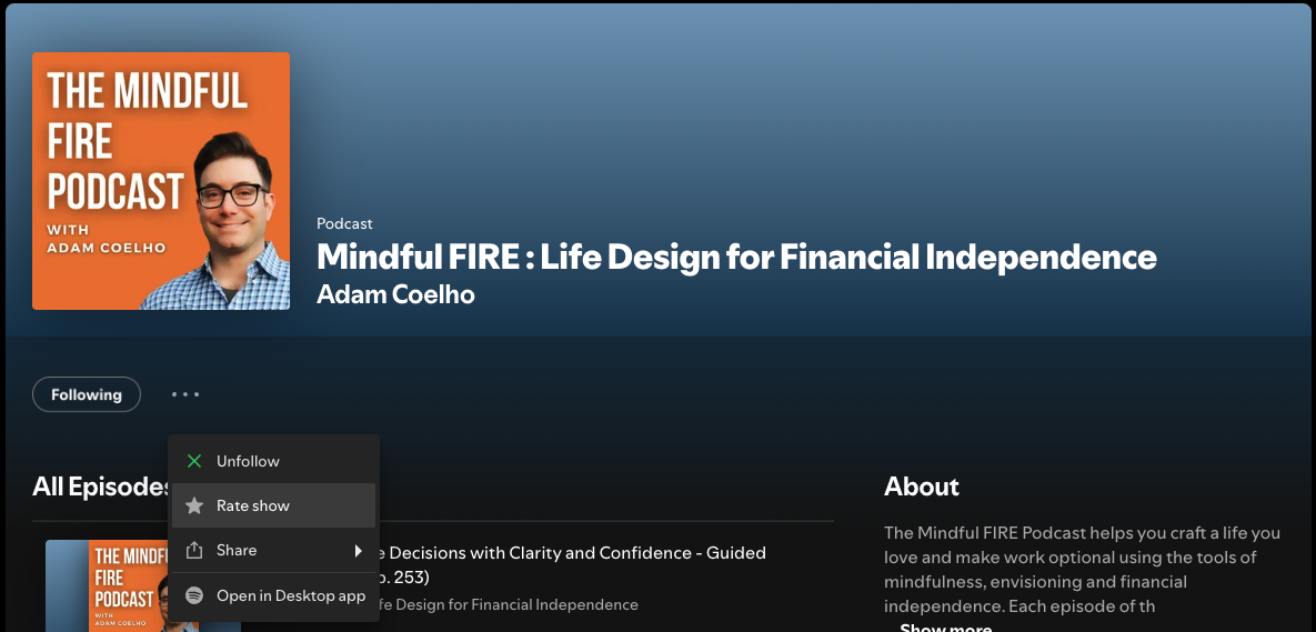 Mindful FIRE on Spotify desktop with the three-dot menu open and Rate show visible
