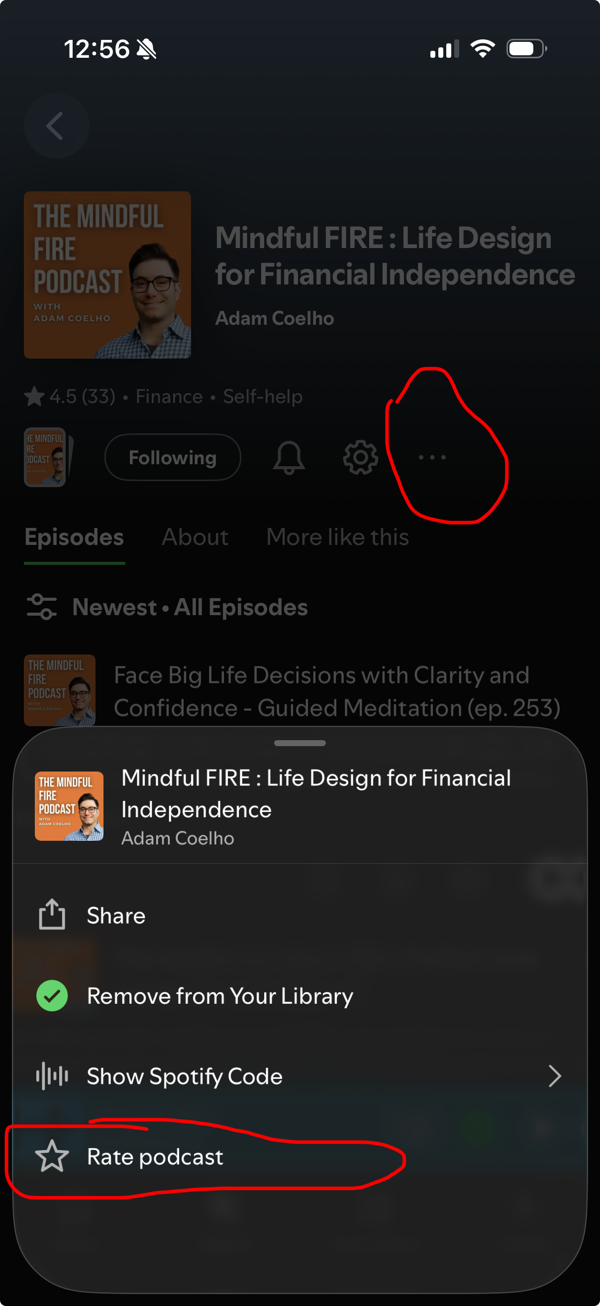 Spotify mobile show page with the three-dot button circled and the open menu’s Rate podcast option circled in red